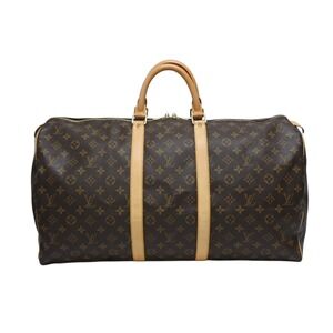 LOUIS VUITTON Keepall Boston Bag Monogram Coated Canvas Natural Leather Brown